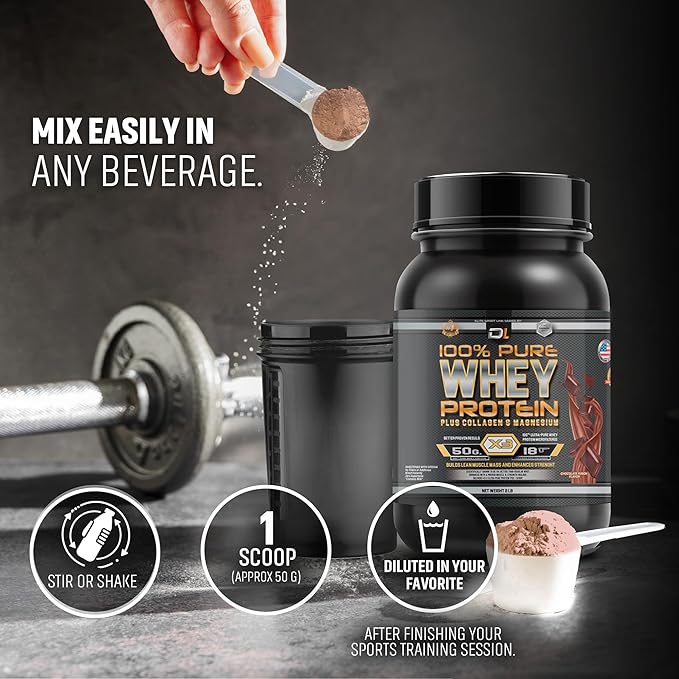 DL 100% Pure Whey Protein Powder + Collagen & Magnesium | 43g Protein - 8.7g BCAA - 0g Fat | Muscle Gain, Recovery & Nutrient Delivery | Immune Support | Quick & Easy Mixing Protein Powder | 2 lb