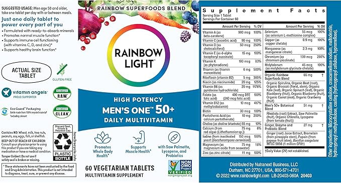 Rainbow Light Multivitamin for Men 50+, Vitamin C, D & Zinc, Probiotics, Men's One 50+ Multivitamin Provides High Potency Immune Support, Non-GMO, Vegetarian, 60 Tablets