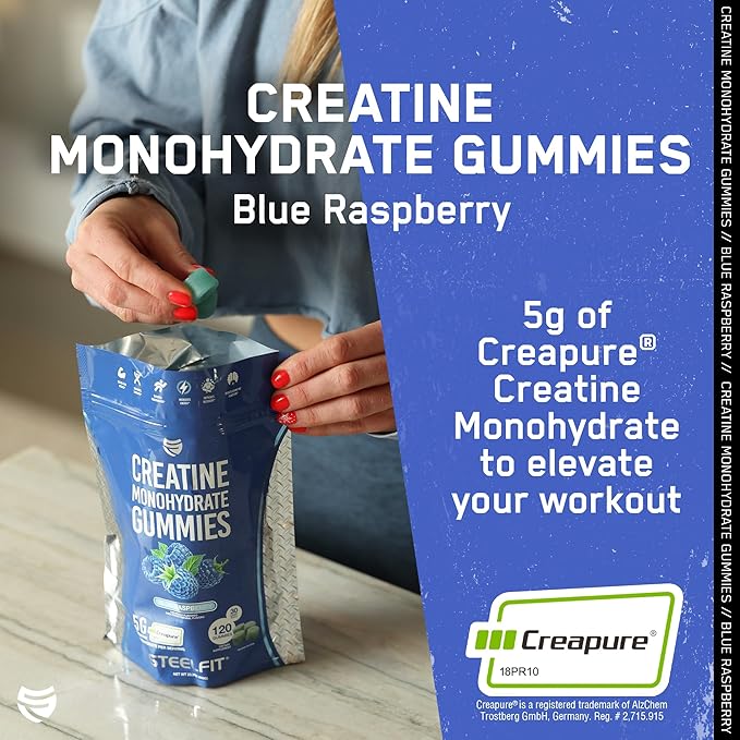 SteelFit Creapure Creatine Monohydrate Gummies for Men & Women, Blue Raspberry - Gym Workout Nutritional Supplements for Muscle Gain, Brain Health & Strength Building Dietary Supplement, 120 Gummies