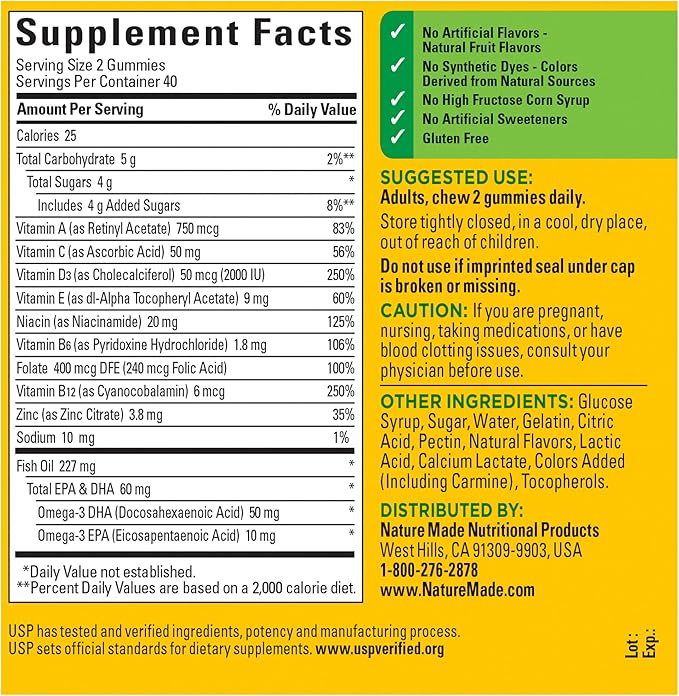 Nature Made Multivitamin + Omega-3, Dietary Supplement for Daily Nutritional Support, 80 Gummy Vitamins and Minerals, 40 Day Supply