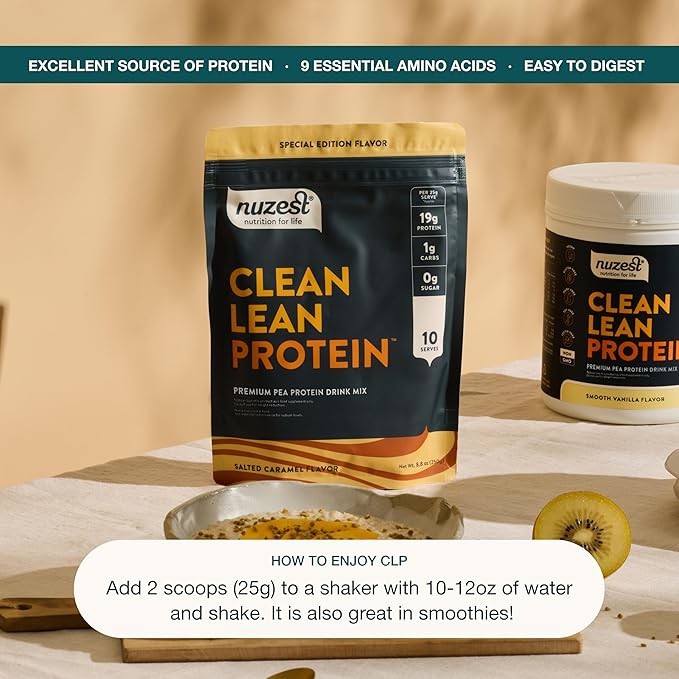 Nuzest - Vegan Pea Protein Powder - Clean Lean Protein, Premium Plant Based Protein Powder, Dairy Free, Gluten Free, GMO Free Protein Shake, Salted Caramel, 8.8 oz