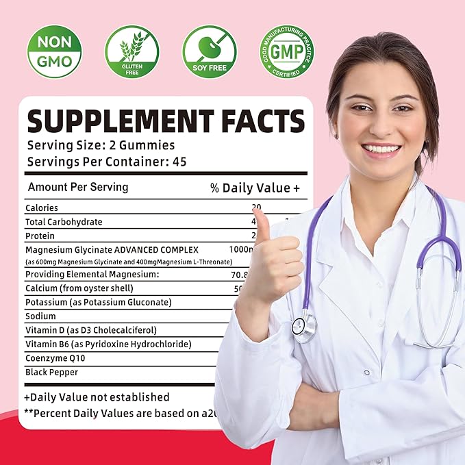 90 CT Magnesium Glycinate Gummies 1000mg - Sugar Free Magnesium Potassium Supplement with Vitamin D, B6, CoQ10 for Calm Mood & Sleep Support - 90 Raspberry Gummies