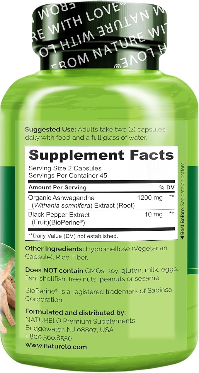 NATURELO Ashwagandha Organic Root Powder - Natural Herbs Supplement for Fatigue, Stress Relief, Mood Enhancer - with Black Pepper Extract - 90 Vegan Capsules (Pack of 2)