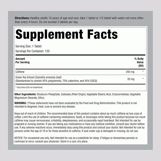 Fitness Labs Caffeine Pills | 200mg | 120 Tablets | with Green Tea Extract | Maximum Strength Supplement | Vegetarian, Non-GMO, Gluten Free