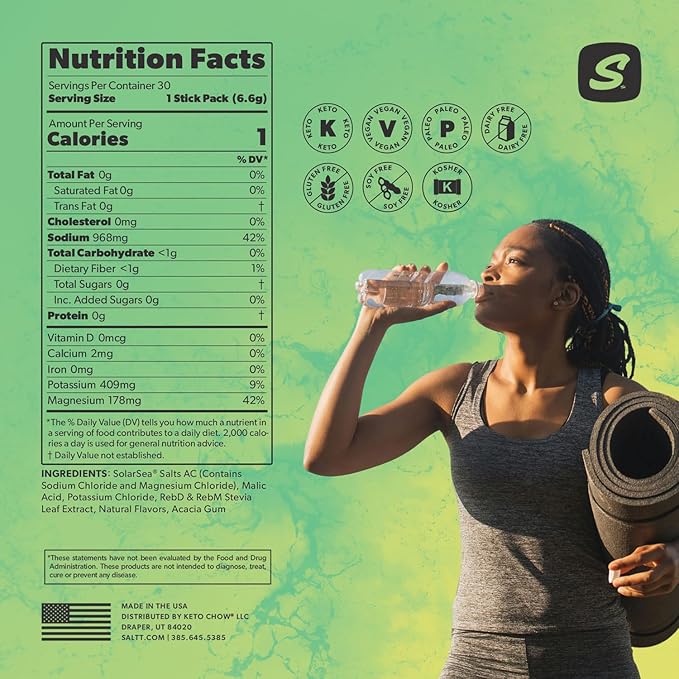 Keto Chow SALTT Electrolytes Powder Flavored Drink Mix - Lemon Lime Twist - 30 Hydration Packets - Magnesium, Potassium, Sodium, Trace Minerals - Zero Sugar & Gluten Free - Travel Essentials