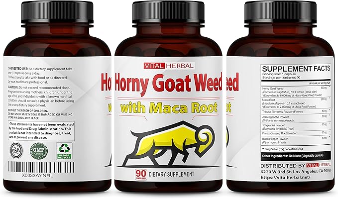 Vital Herbal Horny Goat Weed Capsules for Maximum Strength with Maca Root Tribulus Ashwagandha Tongkat Ali Panax Ginseng for Men Women, Boost Energy (150 Count (Pack of 1))