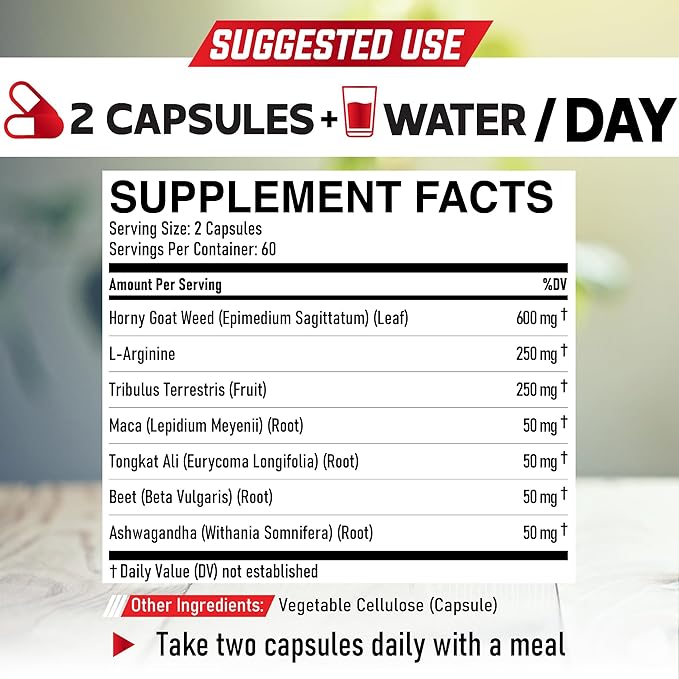 7 in-1 Ultra Test Support with Tribulus Terrestris Horny Goat Weed L-Arginine Maca Root Tongkat Ali Beet Root - Energy Workout Muscle Strength Support 120 Capsules