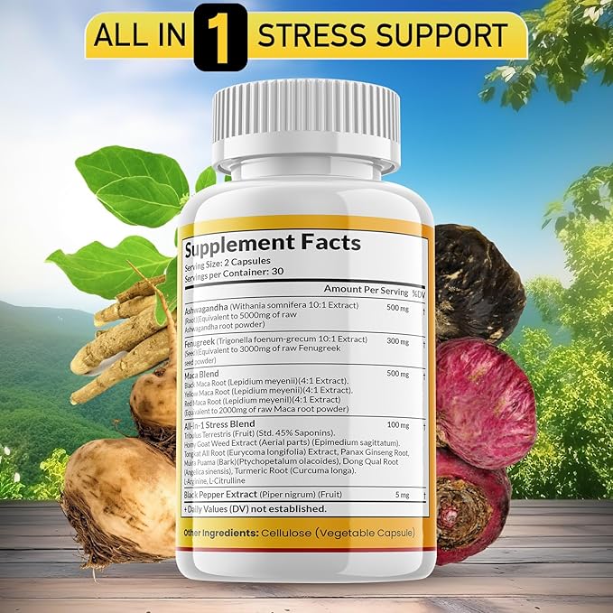 Ashwagandha Maca Root, Fenugreek Supplement with Tongkat Ali Ginseng - Assists with Mood & Thyroid Health - 60 Count