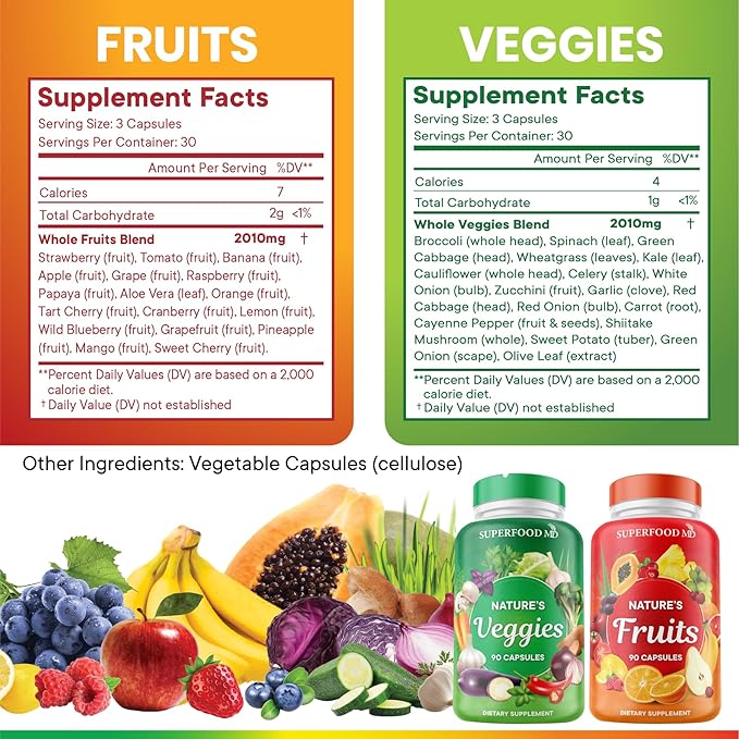 Superfood 180 Fruit and 180 Veggie Capsules - Whole Food Natural Superfoods - Maintain Energy Levels, with Aloe Vera - Soy Free (90 Count (Pack of 4)