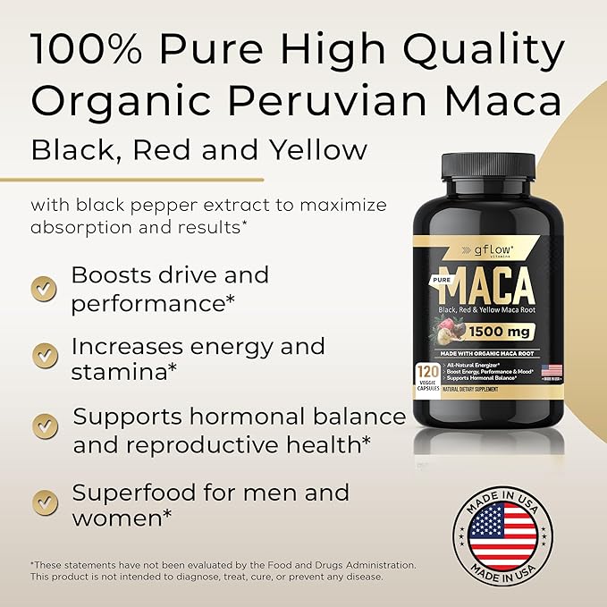 Organic Maca Root Capsules 1500mg - Made with Black, Red, Yellow Peruvian Maca Root Extract & Black Pepper - 120 Vegan Pills - Supports Energy, Performance & Mood for Men & Women