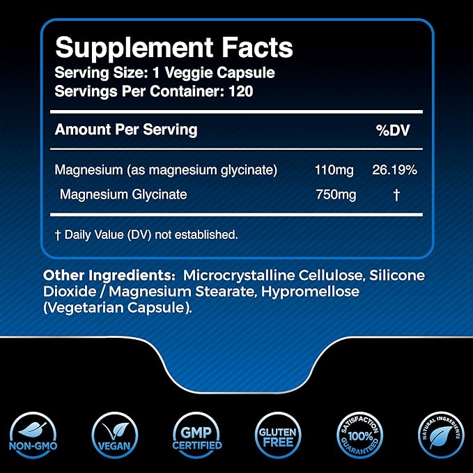 Magnesium Glycinate Capsules - 750mg | 120 Count, Magnesium Supplement for Women and Men - Pure Complex Glicinato De Magnesio, High Absorption, Heart Health, Sleep Supplement - 2 Packs