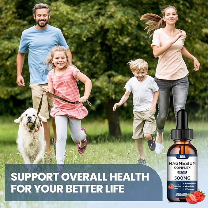 Magnesium Glycinate Liquid Drops 500mg - Triple Magnesium Complex Supplement with Citrate, Malate, Ashwagandha, L-Theanine, Vitamin B6 for Sleep, Stress Relief, Muscle, Strawberry Flavor 4 Fl Oz
