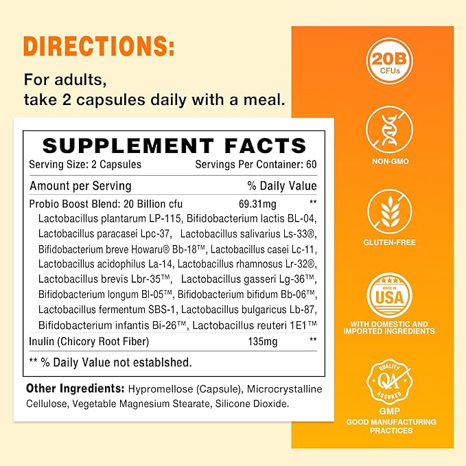 Vitamin World Probiotic 16, 20 Billion CFU, 16 Strains with Prebiotic Fiber for Digestive & Immune Health, Probiotics for Women & Men, Non-GMO, Gluten Free, 120 Veggie Capsules, 60 Day Supply
