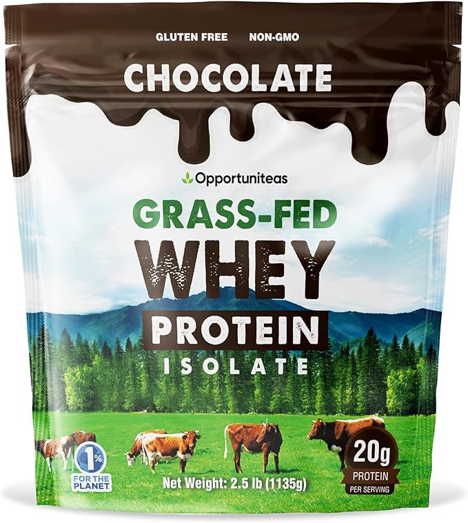 Opportuniteas Grass Fed Chocolate Whey Protein Isolate Powder - 20g Protein Powder Without Artificial Sweeteners, Hormone-Free Cows, Non GMO - 2.5lb