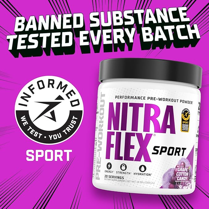Nitraflex Sport Grape Cotton Candy Pre-Workout Powder, Banned Substance Tested, Citrulline, Betaine, Electrolytes, Hydration, Boron, for Men & Women, 20 Servings