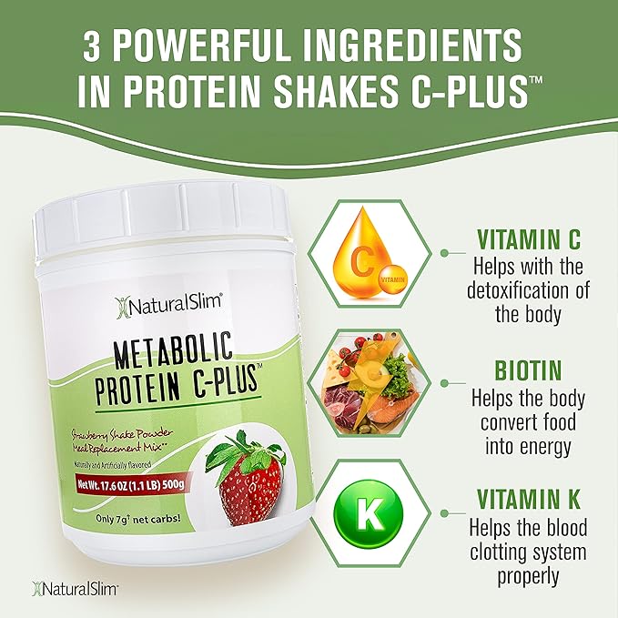 Naturalslim Protein Powder with Vitamins and Minerals Metabolic C-Plus - Meal Replacement Powder Fortified with Vitamin C, Zinc & Amino Acid - Strawberry Protein Powder 10 Servings 1.1 lb.