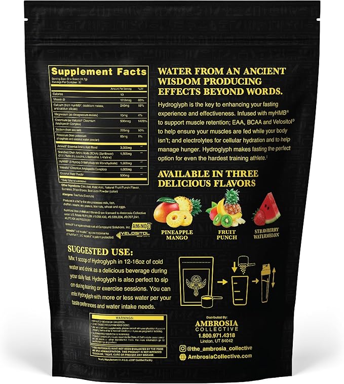Ambrosia Hydroglyph Intraworkout Formula w/BCAA + EAA + Electrolytes Hydration Powder to Protect Lean Muscle, 0g Sugar Fasting Hydration Drink Mix, Made w/Coconut Water (Fruit Punch)