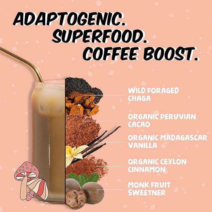 Renude Chagaccino - Chaga Mushroom Powder, Mushroom Coffee Drink Mix with Adaptogens, Natural Energy and Immune Support, Vegan, Keto, Zero Calorie Mushroom Blend Powder - 10 Servings