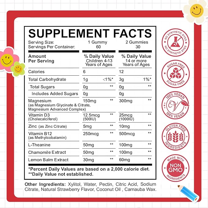 Kids Magnesium Glycinate Gummies, Magnesium for Kids & Adults with Citrate, Zinc, Vitamin D3, B12, L-Theanine Supplement for Sleep Bone & Muscle Mood, Strawberry, 60ct