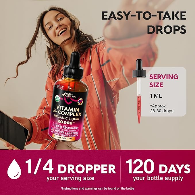 USDA Organic Vitamin B-Complex B5 Pantothenic Acid | B12 Methylcobalamin | B1 Thiamine | B6 Pyridoxine | B7 Biotin | B9 Folic | B3 Niacinamide - B Complex Liquid Drops, Made in USA Supplement, 4fl oz