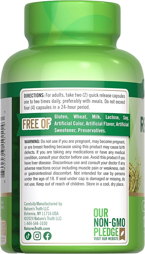Nature's Truth Red Yeast Rice Capsules 1200 mg | 120 Count | Non-GMO & Gluten Free Supplement