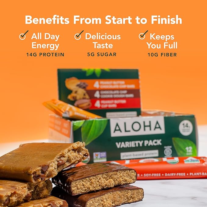 ALOHA Organic Plant Based Protein Bars - 3 Flavor Variety Pack - 12 Count, 1.9oz Bars - Vegan Snacks, Low Sugar, Gluten-Free, Low Carb, Paleo, Non-GMO, Stevia-Free, No Sugar Alcohol Sweeteners