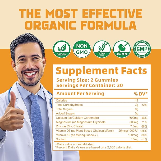 Calcium Magnesium Zinc Gummies with Vitamin D3 & K2 - High Potency Enhanced Absorption -60 Orange Gummies
