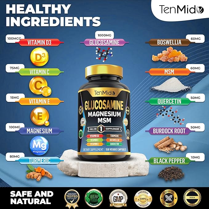 Glucosamine MSM Supplement for Men and Women - 11in1 Formula - Combine with Magnesium, Turmeric, Boswellia, Quercetin, Burdock Root, and More | Joint & Mobility Support - 150 Capsules