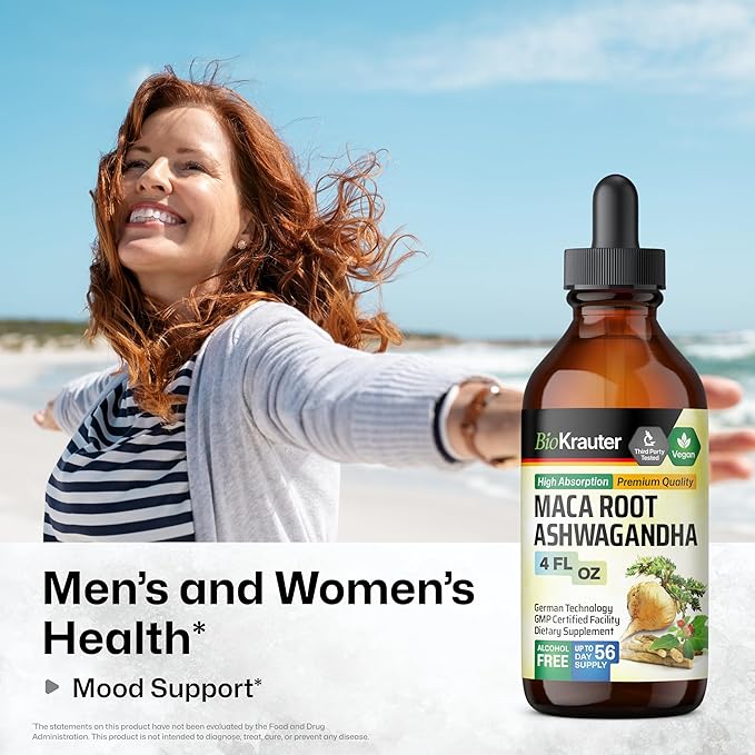 BIO KRAUTER Maca Root and Ashwagandha Tincture - Maca & Ashwagandha Supplements for Men & Women - Adaptogenic Liquid Supplement for Mood Support - Alcohol and Sugar Free Vegan Drops 4 Fl.Oz.