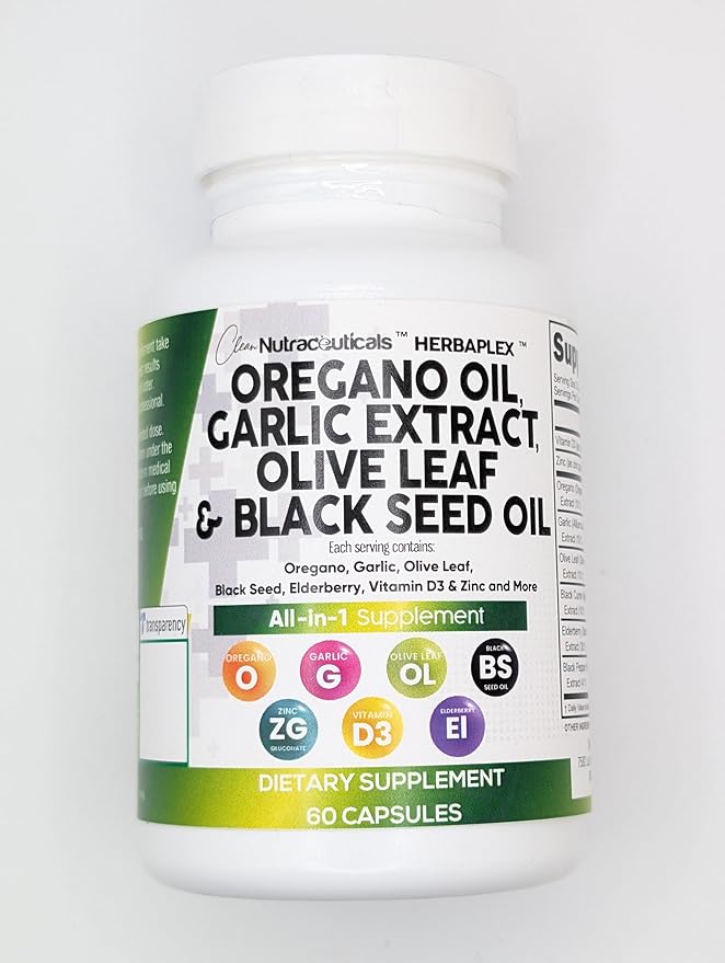 Clean Nutra Oregano Oil with Black Seed Oil Garlic Olive Leaf Extract - Oil of Oregano Capsules Immune Support Carvacrol & Thymoquinone Supplement for Women and Men + Elderberry Vitamin D3 & Zinc