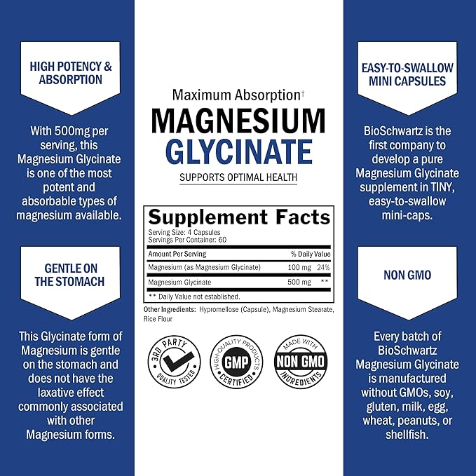 Magnesium Glycinate 500mg Capsules (240 Mini Caps) Maximum Absorption Magnesium Supplement for Nerves Muscles Heart Mood and Sleep Support (Vegan Safe with No Gluten, Soy or GMOs) by BioSchwartz