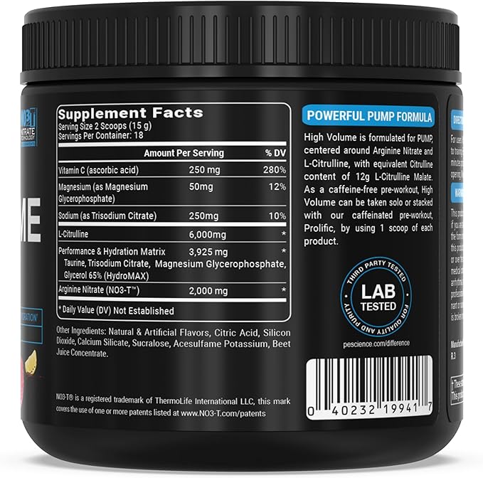 PEScience High Volume Stim-Free Pre Workout, Nitric Oxide Booster with L Citrulline & L Arginine Nitrate, Non-Stim Preworkout for Men and Women, 36 Scoops, Raspberry Lemonade