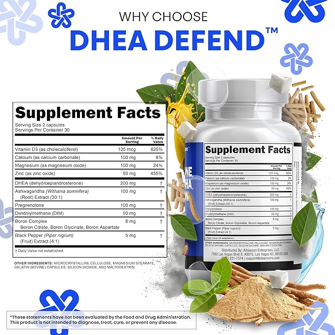 DHEA 200mg Supplement Pregnenolone 100mg for Men & Women with DIM Ashwagandha Boron 6mg Complex Calcium Magnesium Zinc 50mg Vitamin D3 5000 iu Hormone Support Capsules Pills - Made in USA 60 Ct