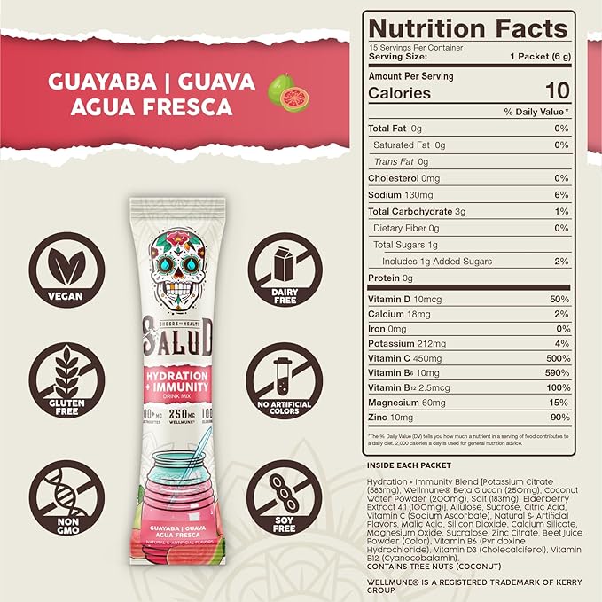 Salud 2-in-1 Hydration Packets + Immunity Electrolytes Powder, Guava - Guayaba Agua Fresca Drink Mix, Elderberry, Dairy & Soy Free, Non-GMO, Gluten Free, Vegan, Low Calorie, 1g Sugar (15 Servings)