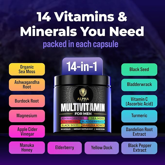 Alpha Tribe Multivitamin for Men with Sea Moss, Black Seed Oil, Ashwagandha, Turmeric Bladderwrack, Burdock,Vitamin C, Elderberry, Manuka, Yellow Dock | Daily Men's Vitamins and Minerals Supplement