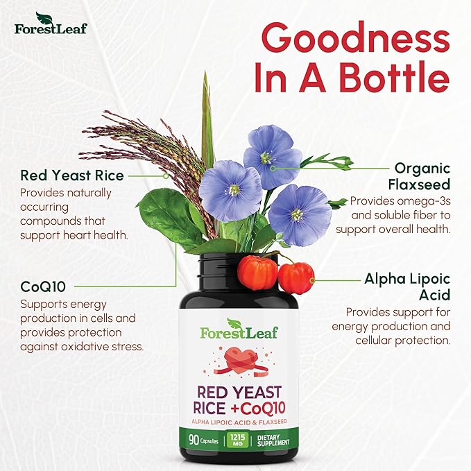 Red Yeast Rice 1215 mg. Capsules - Extra Strength Red Rice Yeast with CoQ10 Supplement, Plus Alpha Lipoic Acid & Organic Flaxseed, Citrinin Free, Supports Cardiovascular Health, Non-GMO 90 Veggie Caps