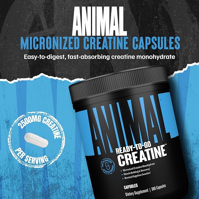 Animal Micronized Creatine Monohydrate Capsules - 300 Caps, 2500mg per Serving to Support Muscle Growth, Endurance, ATP Production, Cognitive Function, Strength, Recovery, and Delay Muscle Fatigue