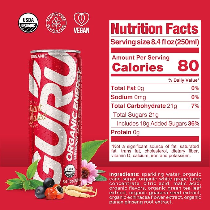 GURU Original Organic Energy Drinks, Clean Energy Drink with Plant Based Natural Caffeine from Green Tea, Gluten Free and Vegan, 100MG Caffeine, Healthy Drinks, 8.4oz (Pack of 24)