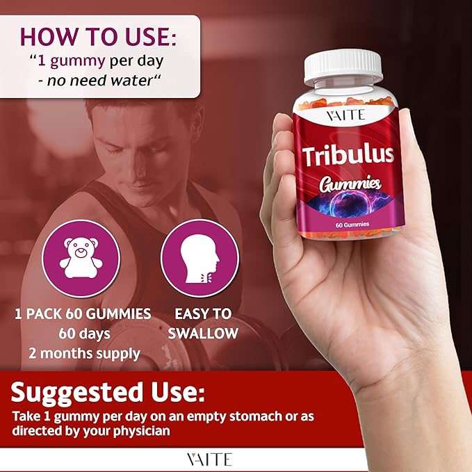 Tribulus Terrestris Gummies 1000 mg – 60 Chewable Gummies – Vegan, Sugar-Free, Gluten-Free, Non-GMO – Plant-Based Daily Formula – No Water Needed – Easy-to-Take Supplement Format