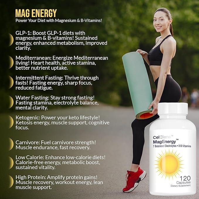 MagEnergy 7 Electrolytes, 8 Super B Vitamins, High Magnesium, High Methyl B12, Methyl Folate, D3/K2, Biotin, Zinc for Hydration, Energy, L-Theanine, Choline, Green Tea, Ginger Extracts
