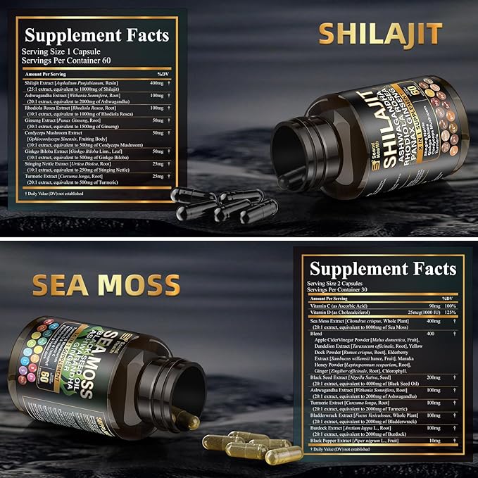 Wild Organic Irish Sea Moss and Shilajit - 8000mg Sea Moss, 10000mg Shilajit, Ashwagandha 2000mg, Ginseng, Vitamin C, Vitamin D3, Black Seed Oil - 2 Bottles of 60 Capsules