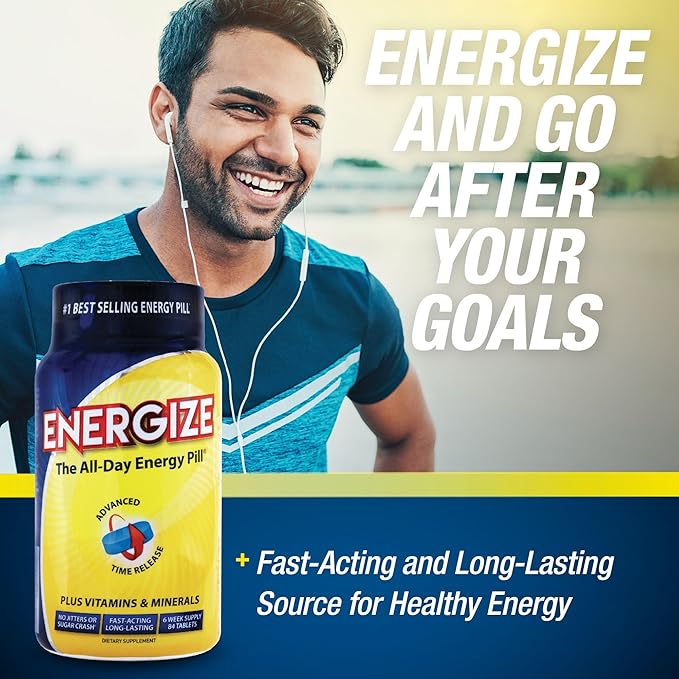 Energize Caffeine Pills, Fast Acting All Day Energy Pills & Natural Nootropics Support Supplement with Time Release Caffeine, Energy Support for Men and Women, No Jitters, No Crash (84 Tablets)