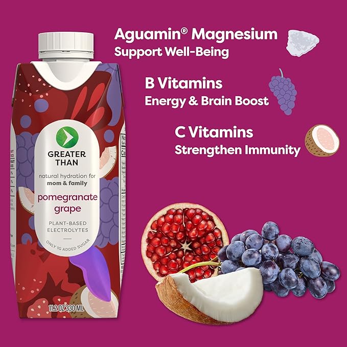 Greater Than Lactation Supplement Support, Coconut Water, Vitamins & Electrolyte Drink for Breastfeeding & Immune Support, Lactation Cookies Alt, Gluten Free, Low Sugar, 24 Pack, Pomegranate Grape