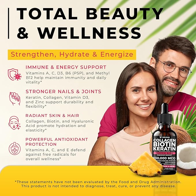Liquid Biotin and Collagen Peptide Complex with Keratin, Hyaluronic Acid, MCT Oil, Zinc, Vitamins B6, B7, B12, A, C, D3, E - Hair Growth, Skin, and Stronger Nails Supplement for Women and Men