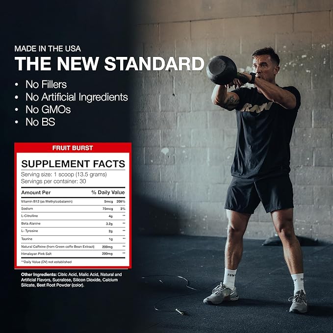RAW Essential Pre-Workout Powder (Fruit Burst) - Chris Bumstead Sports Nutrition Supplement for Men & Women - Preworkout Energy Powder with Caffeine, L-Citrulline, L-Tyrosine, & Beta Alanine Blend