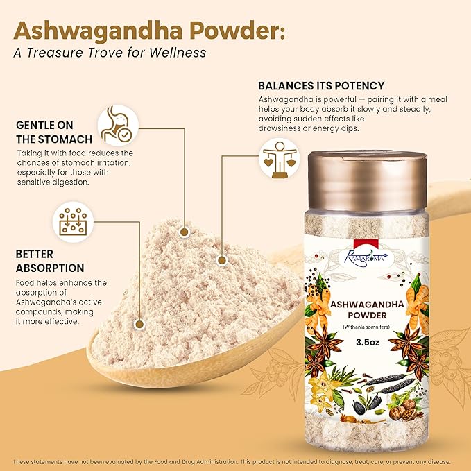 Ramaroma Ashwagandha Root Powder 3.5 oz (100g), Premium Withania Somnifera, Dual Shifter Jar for Easy Use