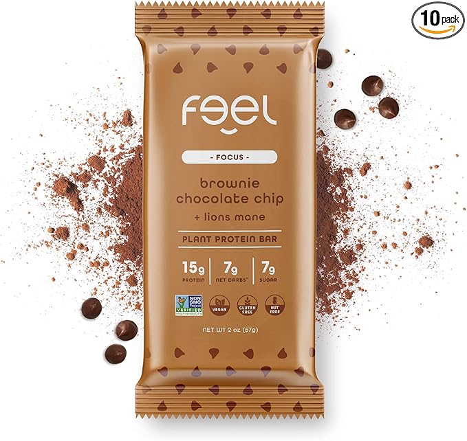 Feel Vegan Protein Bars | Brownie Chocolate Chip | Keto | Gluten Free | Organic | Lions Mane | 15g Plant Protein | Low Carb | High Protein | Dairy Free | Low Sugar | Grain Free | Nut Free | Soy Free | Non GMO - (Brownie Choco Chip, 10 Pack)