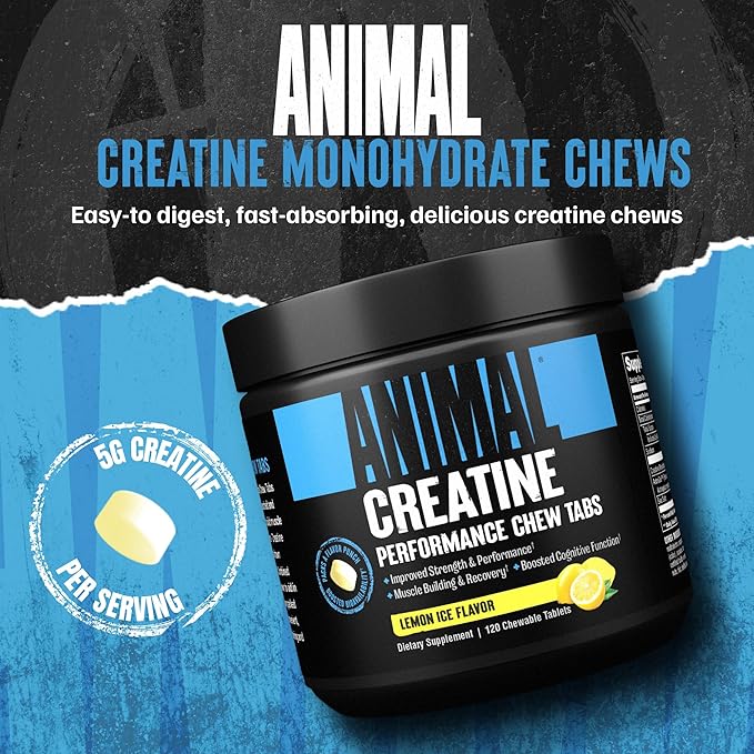 Animal Creatine Chews Tablets - Enhanced Creatine Monohydrate with AstraGin to Improve Absorption, Sea Salt for Added Pumps, Delicious and Convenient Chewable Tablets - Lemon Ice