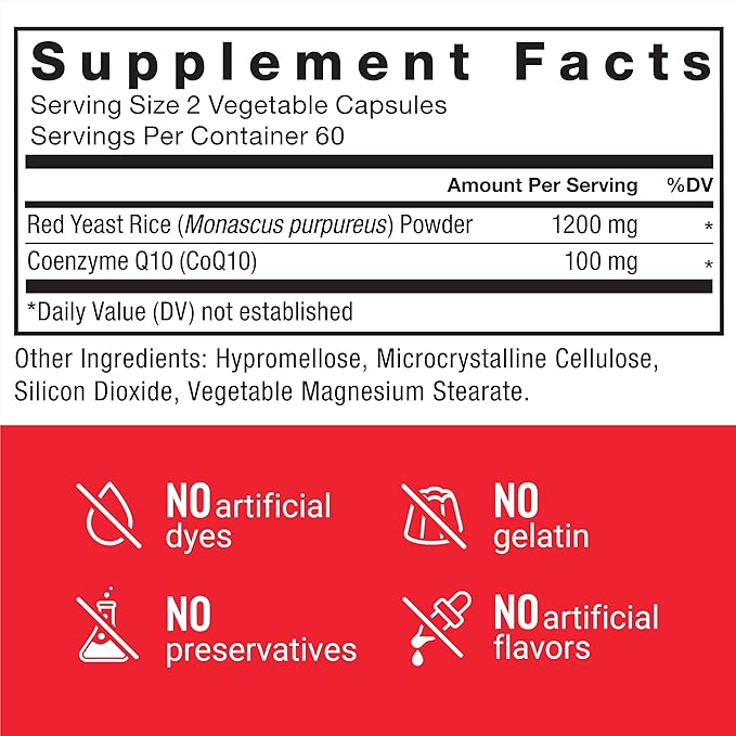 FORCE FACTOR Red Yeast Rice + CoQ10 Supplement for Antioxidant Support, Non-GMO, Vegan-Friendly, Premium Quality, 120 Capsules
