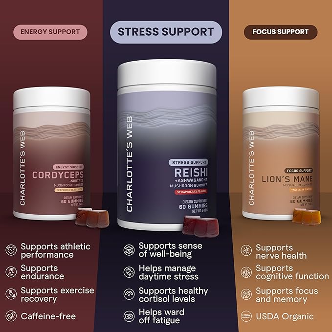 Charlotte's Web Stress Support Mushroom Gummies w/Reishi, Ashwagandha, Rhodiola Rosea Supplement — Natural Supplement — Strawberry-Flavored Ashwagandha Gummies (30 Servings)